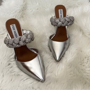 Steve Madden Ariam Braided Stiletto Pointed Mule Silver Heels